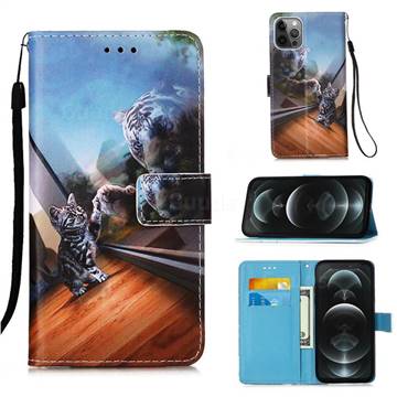 Mirror Cat Matte Leather Wallet Phone Case for iPhone 12 / 12 Pro (6.1 inch)