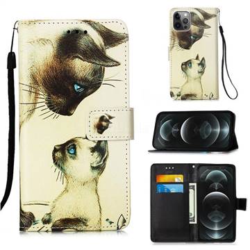 Cat Confrontation Matte Leather Wallet Phone Case for iPhone 12 / 12 Pro (6.1 inch)