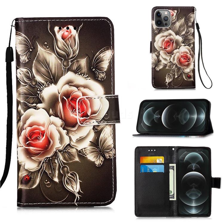 Black Rose Matte Leather Wallet Phone Case for iPhone 12 / 12 Pro (6.1 inch)