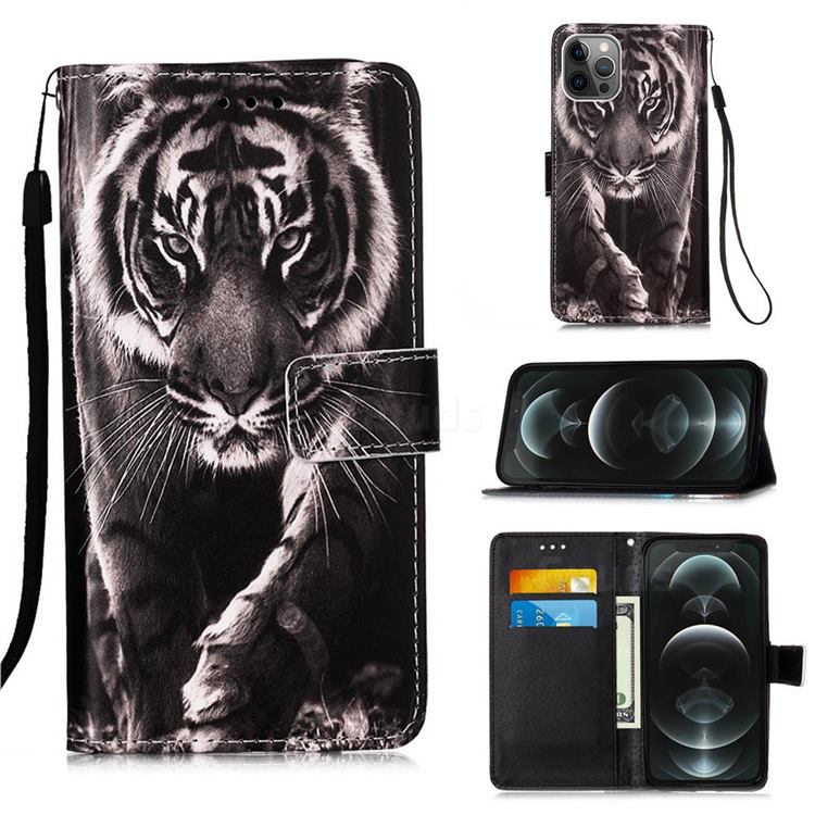 Black and White Tiger Matte Leather Wallet Phone Case for iPhone 12 / 12 Pro (6.1 inch)