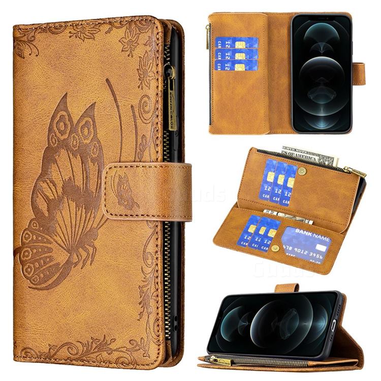 Binfen Color Imprint Vivid Butterfly Buckle Zipper Multi-function Leather Phone Wallet for iPhone 12 / 12 Pro (6.1 inch) - Brown
