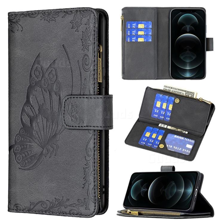 Binfen Color Imprint Vivid Butterfly Buckle Zipper Multi-function Leather Phone Wallet for iPhone 12 / 12 Pro (6.1 inch) - Black