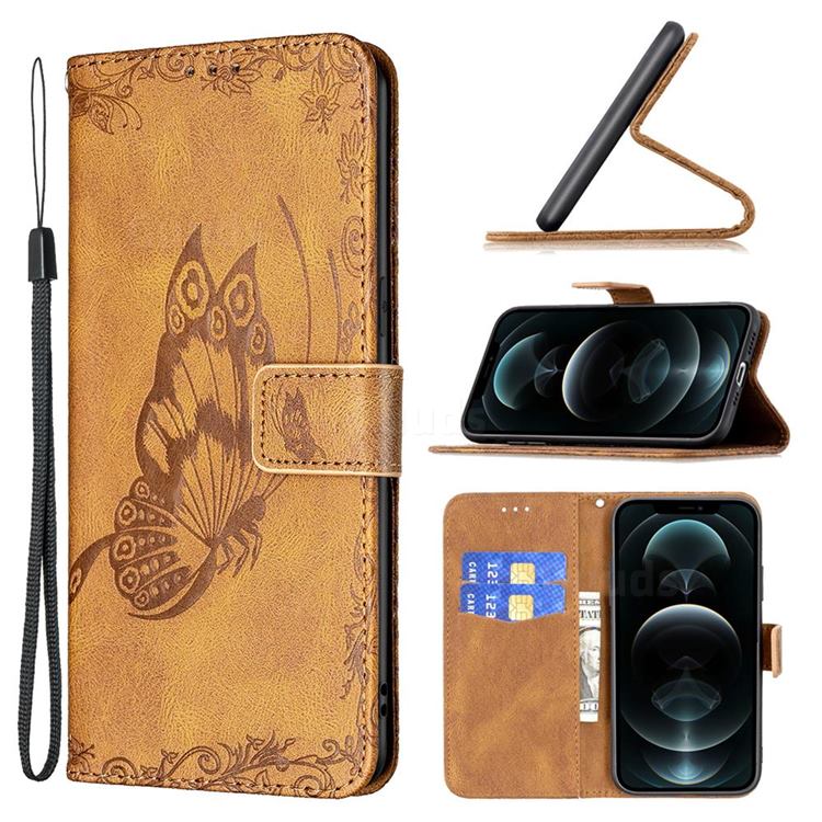 Binfen Color Imprint Vivid Butterfly Leather Wallet Case for iPhone 12 / 12 Pro (6.1 inch) - Brown