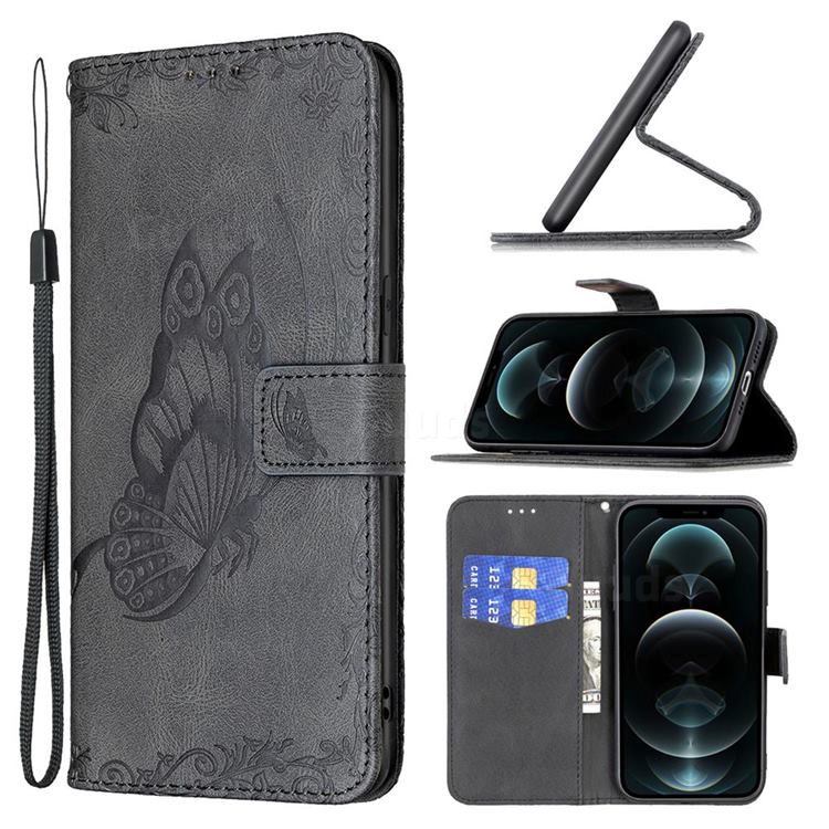 Binfen Color Imprint Vivid Butterfly Leather Wallet Case for iPhone 12 / 12 Pro (6.1 inch) - Black