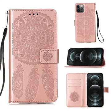 Embossing Dream Catcher Mandala Flower Leather Wallet Case for iPhone 12 / 12 Pro (6.1 inch) - Rose Gold