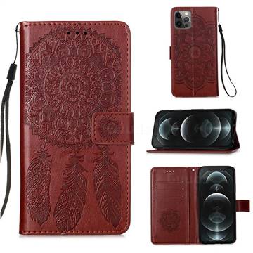 Embossing Dream Catcher Mandala Flower Leather Wallet Case for iPhone 12 / 12 Pro (6.1 inch) - Brown