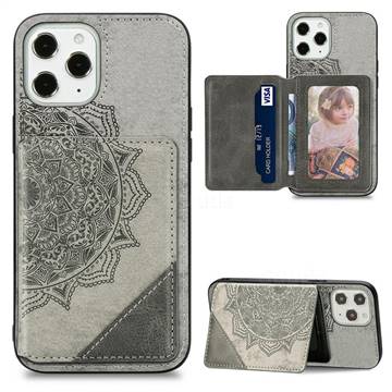 Mandala Flower Cloth Multifunction Stand Card Leather Phone Case for iPhone 12 / 12 Pro (6.1 inch) - Gray