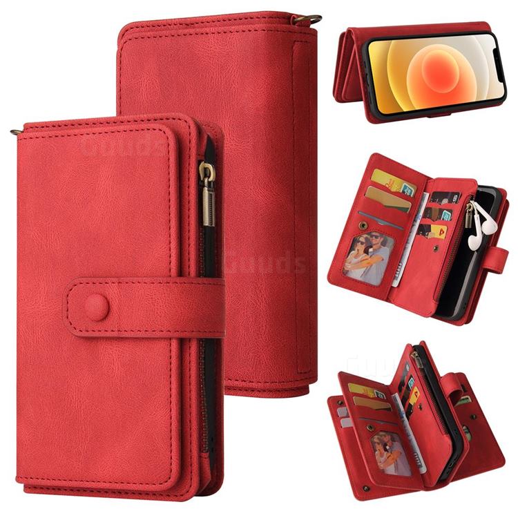 Luxury Multi-functional Zipper Wallet Leather Phone Case Cover for iPhone 12 / 12 Pro (6.1 inch) - Red