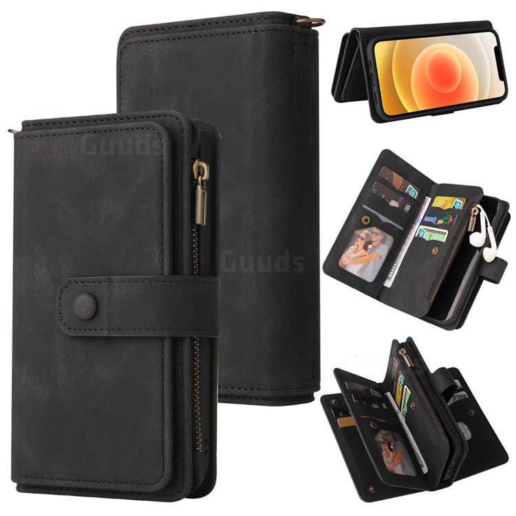 Luxury Multi-functional Zipper Wallet Leather Phone Case Cover for iPhone 12 / 12 Pro (6.1 inch) - Black