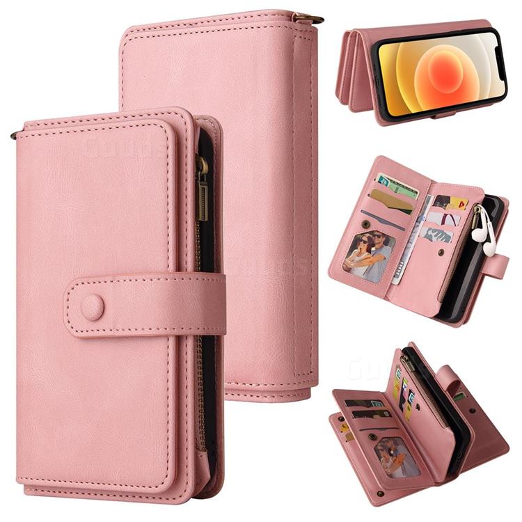 Luxury Multi-functional Zipper Wallet Leather Phone Case Cover for iPhone 12 / 12 Pro (6.1 inch) - Pink