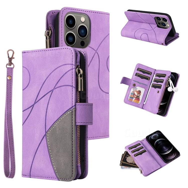 Luxury Two-color Stitching Multi-function Zipper Leather Wallet Case Cover for iPhone 12 / 12 Pro (6.1 inch) - Purple