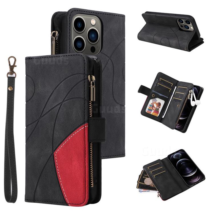 Luxury Two-color Stitching Multi-function Zipper Leather Wallet Case Cover for iPhone 12 / 12 Pro (6.1 inch) - Black