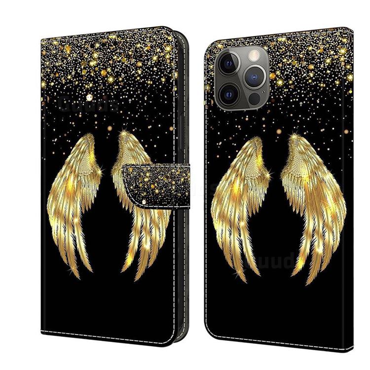 Golden Angel Wings Crystal PU Leather Protective Wallet Case Cover for iPhone 12 / 12 Pro (6.1 inch)
