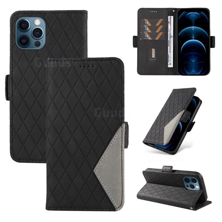 Grid Pattern Splicing Protective Wallet Case Cover for iPhone 12 / 12 Pro (6.1 inch) - Black