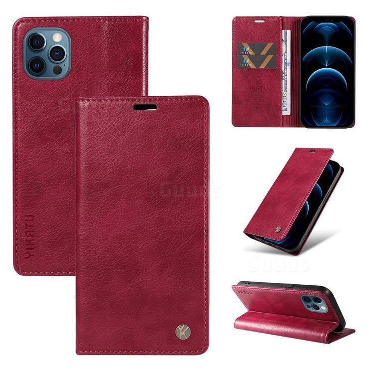 YIKATU Litchi Card Magnetic Automatic Suction Leather Flip Cover for iPhone 12 / 12 Pro (6.1 inch) - Wine Red