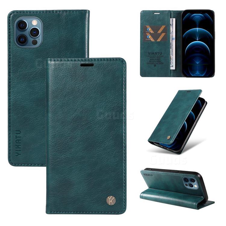 YIKATU Litchi Card Magnetic Automatic Suction Leather Flip Cover for iPhone 12 / 12 Pro (6.1 inch) - Dark Blue