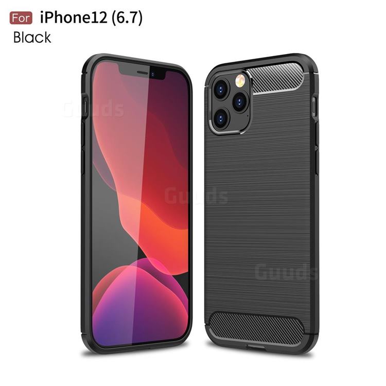 Luxury Carbon Fiber Brushed Wire Drawing Silicone TPU Back Cover for iPhone 12 Pro Max (6.7 inch) - Black