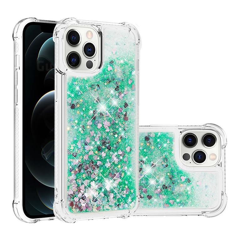 Dynamic Liquid Glitter Sand Quicksand TPU Case for iPhone 12 Pro Max (6.7 inch) - Green Love Heart
