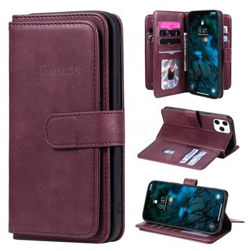 Multi-function Ten Card Slots and Photo Frame PU Leather Wallet Phone Case Cover for iPhone 12 Pro Max (6.7 inch) - Claret