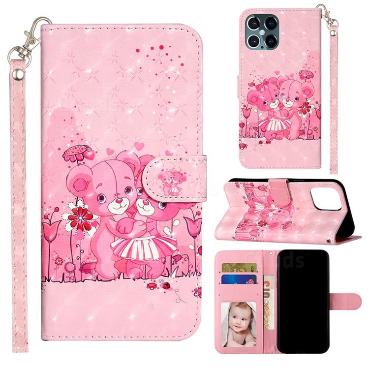 Pink Bear 3D Leather Phone Holster Wallet Case for iPhone 12 Pro Max (6.7 inch)