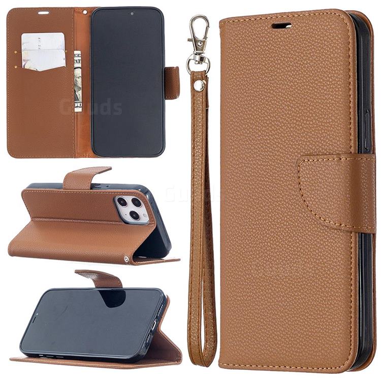 Classic Luxury Litchi Leather Phone Wallet Case for iPhone 12 Pro Max (6.7 inch) - Brown