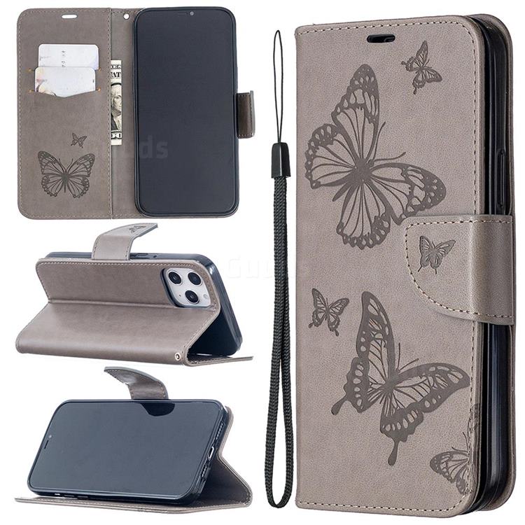 Embossing Double Butterfly Leather Wallet Case for iPhone 12 Pro Max (6.7 inch) - Gray