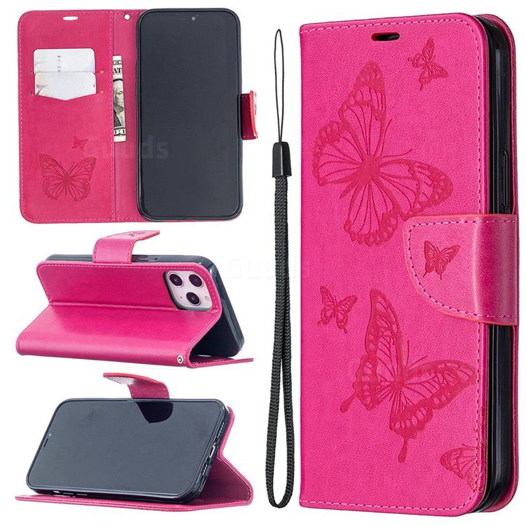 Embossing Double Butterfly Leather Wallet Case for iPhone 12 Pro Max (6.7 inch) - Red