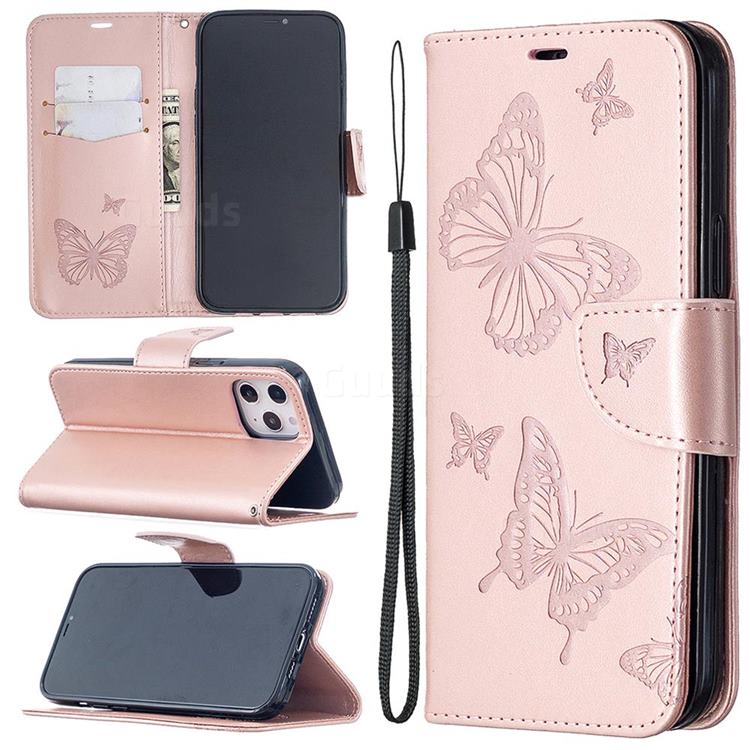Embossing Double Butterfly Leather Wallet Case for iPhone 12 Pro Max (6.7 inch) - Rose Gold