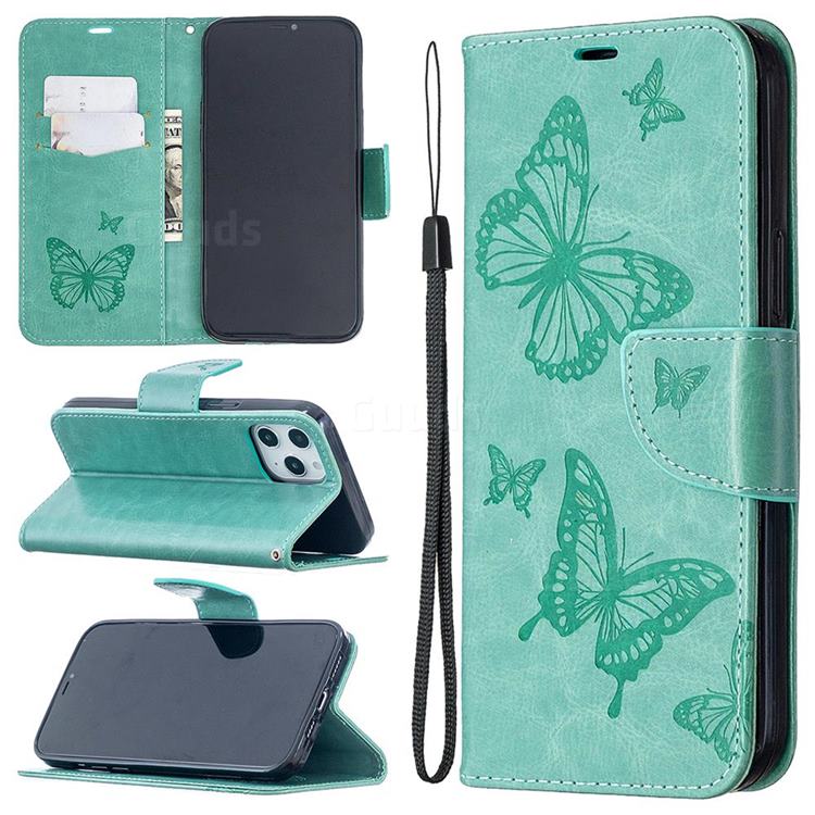 Embossing Double Butterfly Leather Wallet Case for iPhone 12 Pro Max (6.7 inch) - Green