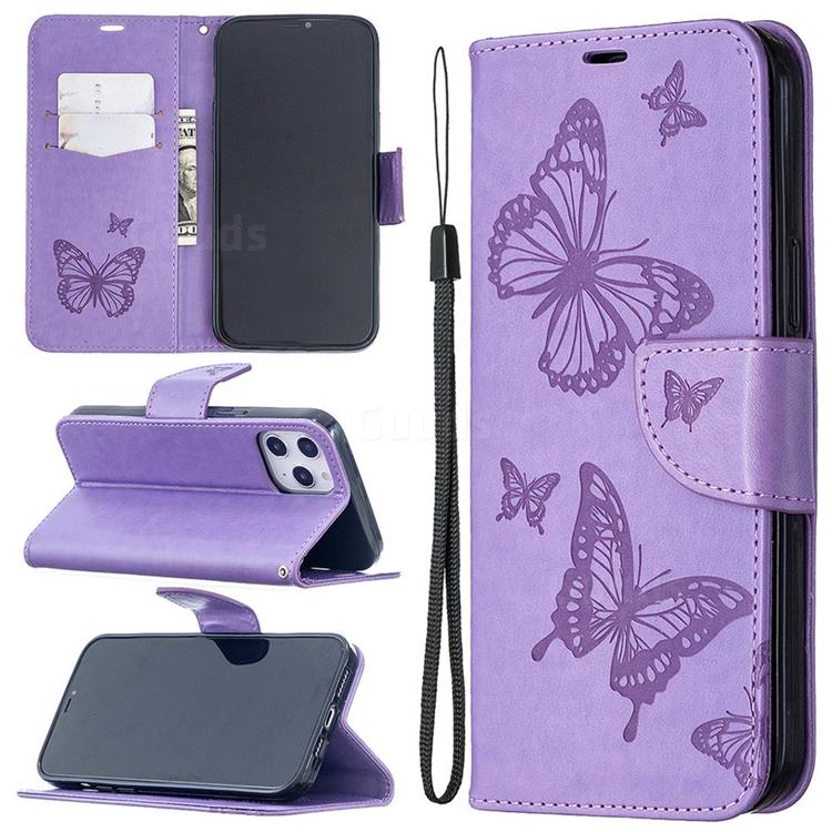Embossing Double Butterfly Leather Wallet Case for iPhone 12 Pro Max (6.7 inch) - Purple