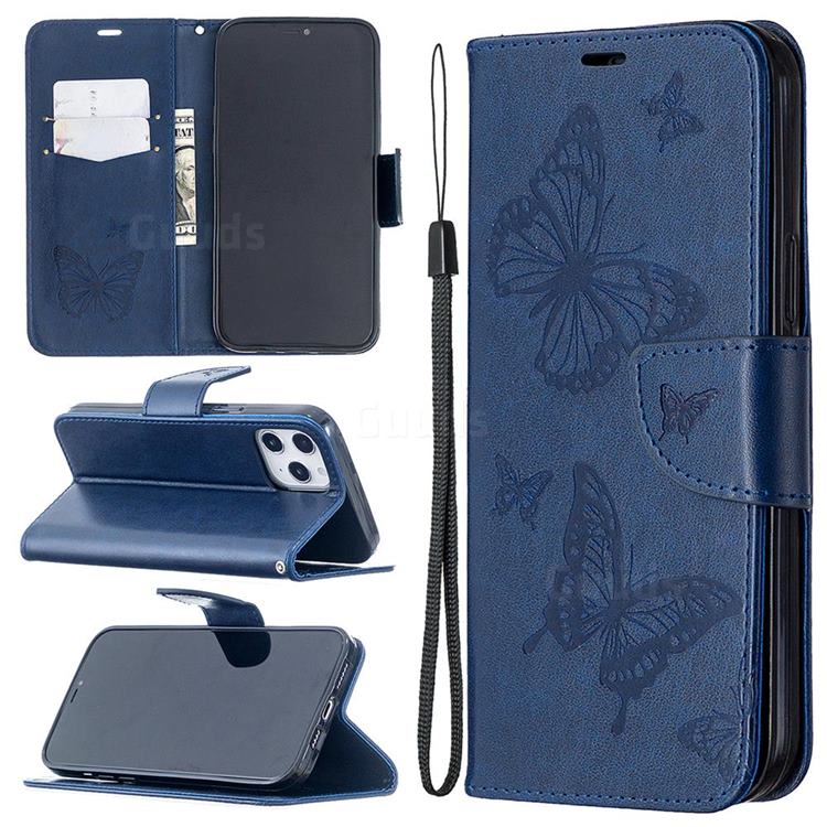 Embossing Double Butterfly Leather Wallet Case for iPhone 12 Pro Max (6.7 inch) - Dark Blue