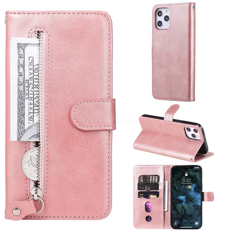 Retro Luxury Zipper Leather Phone Wallet Case for iPhone 12 Pro Max (6.7 inch) - Pink