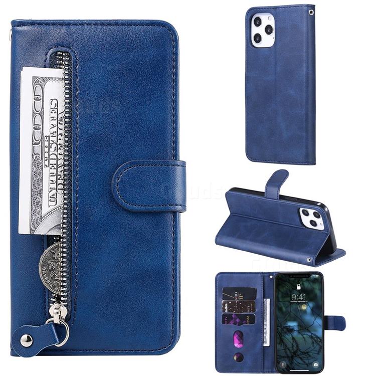 Retro Luxury Zipper Leather Phone Wallet Case for iPhone 12 Pro Max (6.7 inch) - Blue