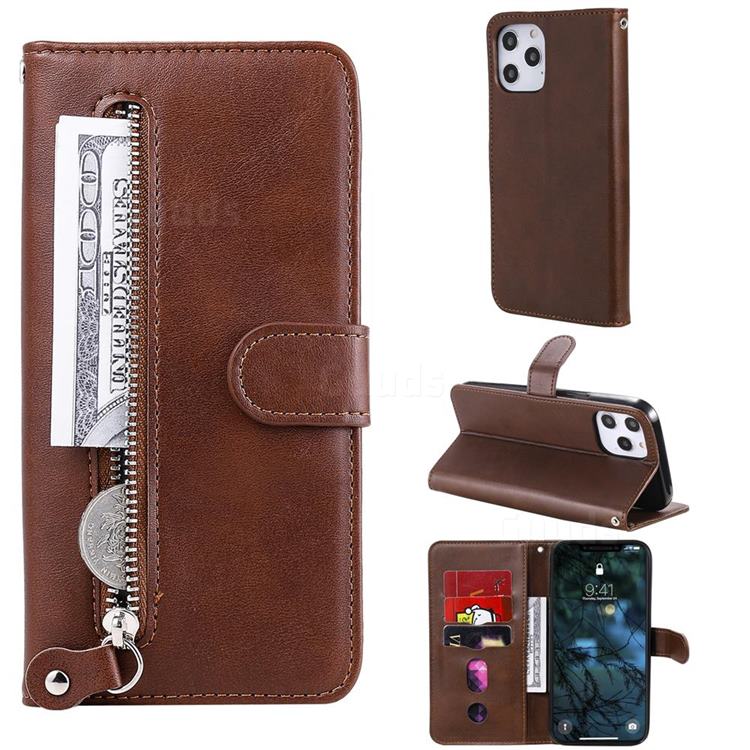 Retro Luxury Zipper Leather Phone Wallet Case for iPhone 12 Pro Max (6.7 inch) - Brown