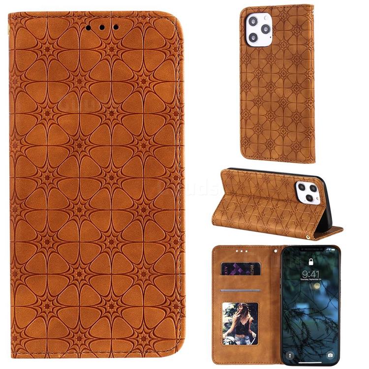 Intricate Embossing Four Leaf Clover Leather Wallet Case for iPhone 12 Pro Max (6.7 inch) - Yellowish Brown