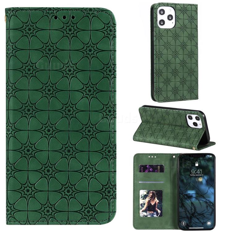 Intricate Embossing Four Leaf Clover Leather Wallet Case for iPhone 12 Pro Max (6.7 inch) - Blackish Green