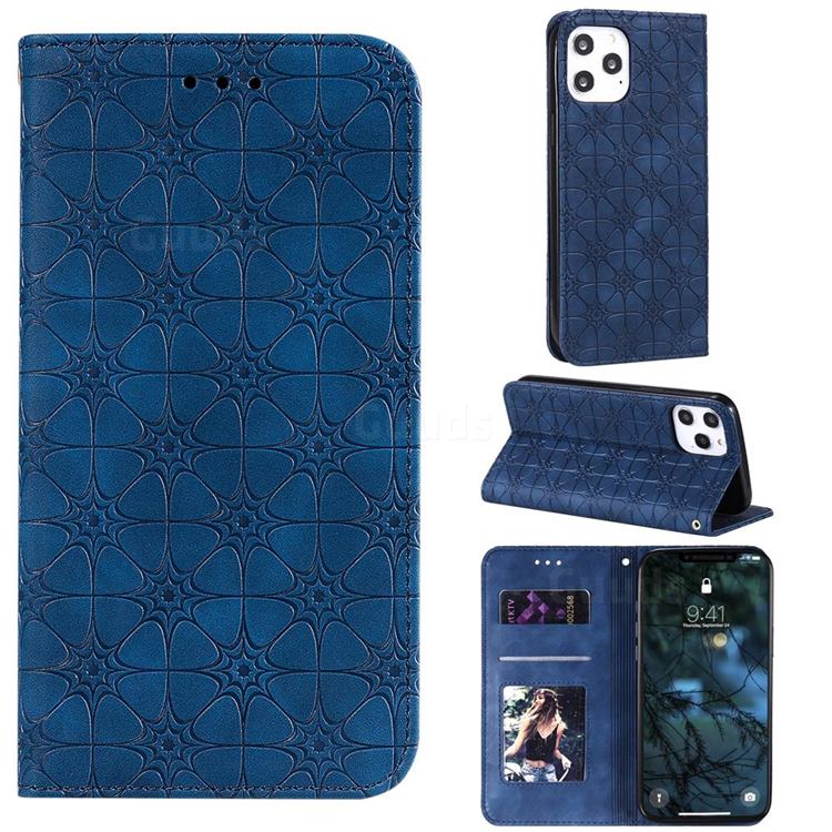Intricate Embossing Four Leaf Clover Leather Wallet Case for iPhone 12 Pro Max (6.7 inch) - Dark Blue