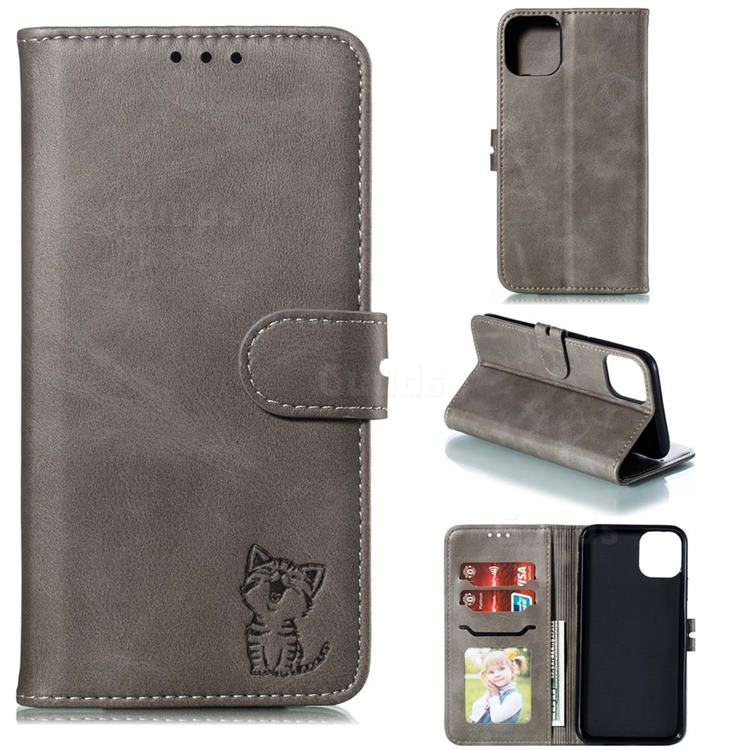 Embossing Happy Cat Leather Wallet Case for iPhone 12 Pro Max (6.7 inch) - Gray