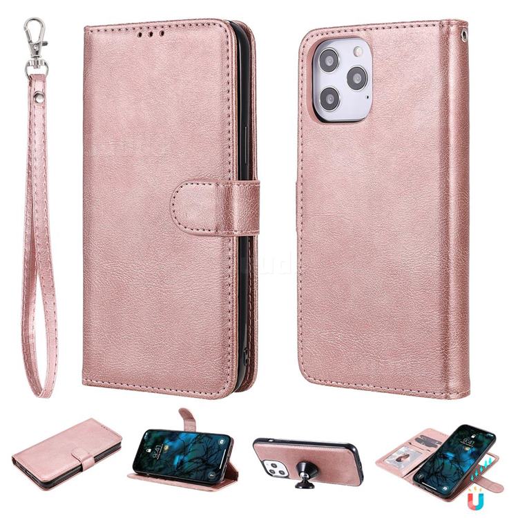 Retro Greek Detachable Magnetic PU Leather Wallet Phone Case for iPhone 12 Pro Max (6.7 inch) - Rose Gold