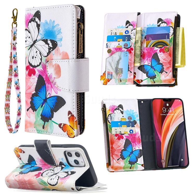 Vivid Flying Butterflies Binfen Color BF03 Retro Zipper Leather Wallet Phone Case for iPhone 12 Pro Max (6.7 inch)