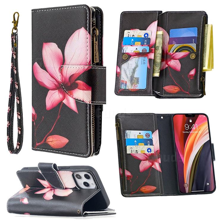 Lotus Flower Binfen Color BF03 Retro Zipper Leather Wallet Phone Case for iPhone 12 Pro Max (6.7 inch)