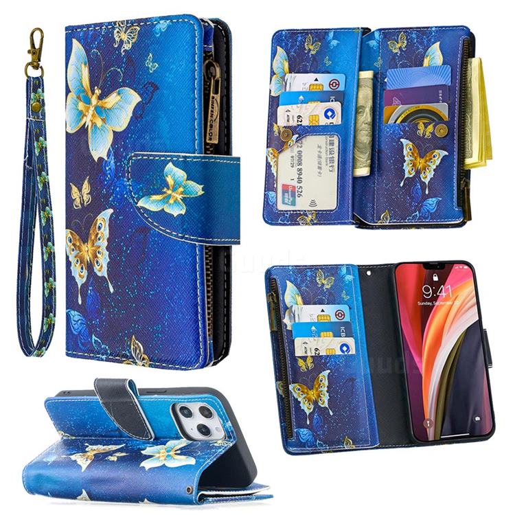 Golden Butterflies Binfen Color BF03 Retro Zipper Leather Wallet Phone Case for iPhone 12 Pro Max (6.7 inch)