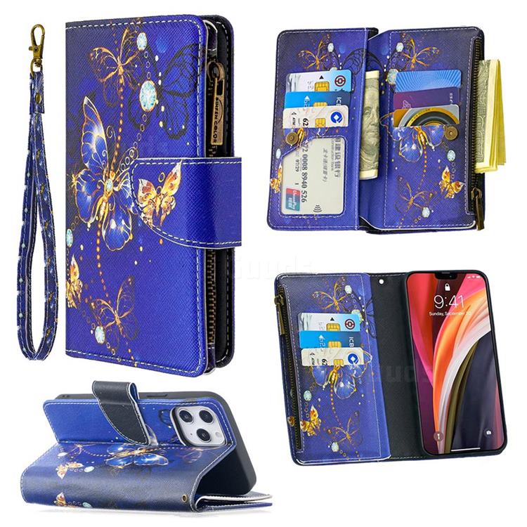 Purple Butterfly Binfen Color BF03 Retro Zipper Leather Wallet Phone Case for iPhone 12 Pro Max (6.7 inch)