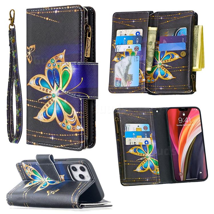 Golden Shining Butterfly Binfen Color BF03 Retro Zipper Leather Wallet Phone Case for iPhone 12 Pro Max (6.7 inch)