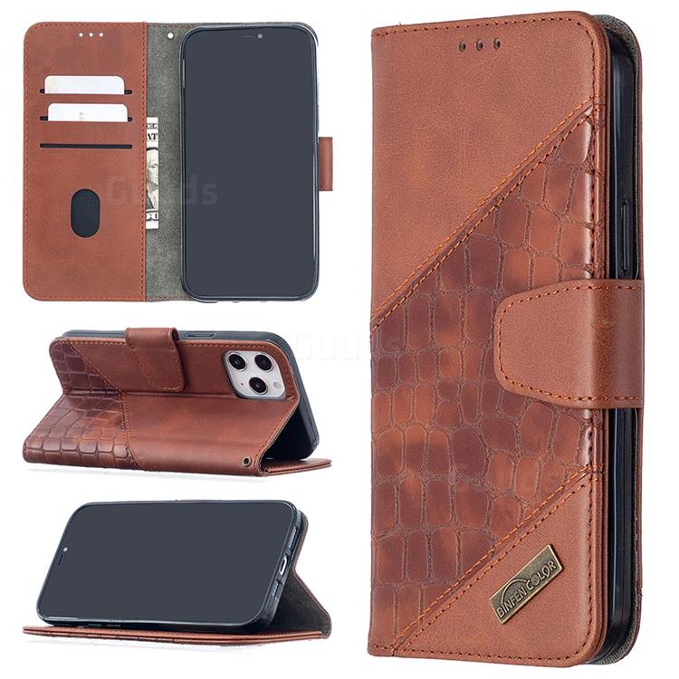 BinfenColor BF04 Color Block Stitching Crocodile Leather Case Cover for iPhone 12 Pro Max (6.7 inch) - Brown