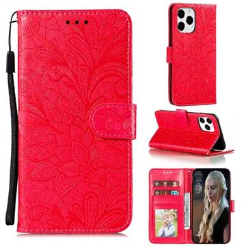 Intricate Embossing Lace Jasmine Flower Leather Wallet Case for iPhone 12 Pro Max (6.7 inch) - Red