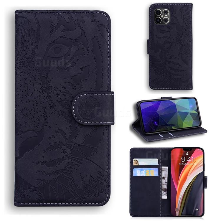 Intricate Embossing Tiger Face Leather Wallet Case for iPhone 12 Pro Max (6.7 inch) - Black