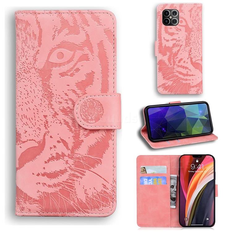 Intricate Embossing Tiger Face Leather Wallet Case for iPhone 12 Pro Max (6.7 inch) - Pink