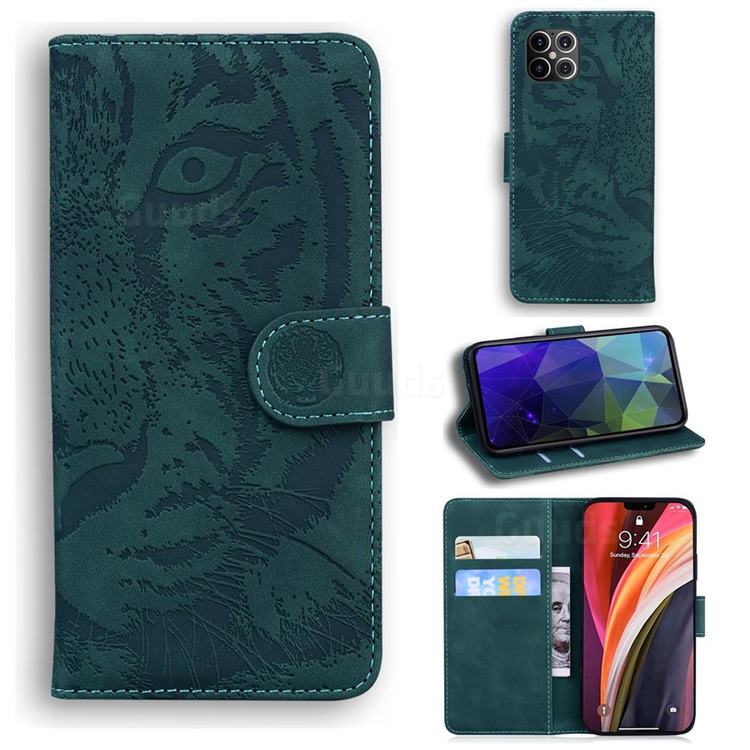 Intricate Embossing Tiger Face Leather Wallet Case for iPhone 12 Pro Max (6.7 inch) - Green