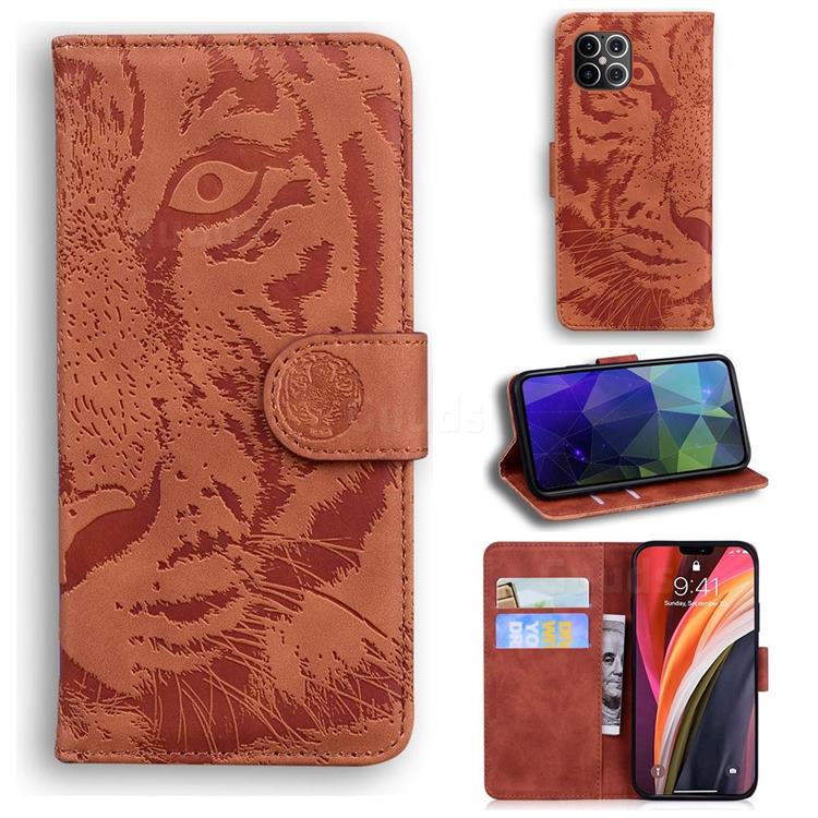 Intricate Embossing Tiger Face Leather Wallet Case for iPhone 12 Pro Max (6.7 inch) - Brown